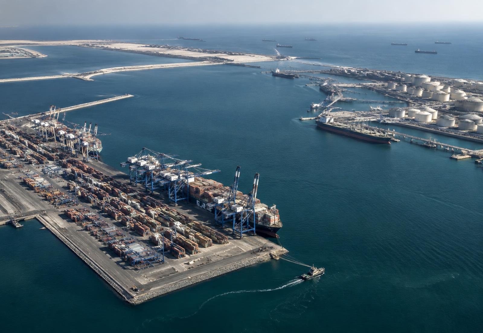 Aerial view of an international Gulf maritime logistics port